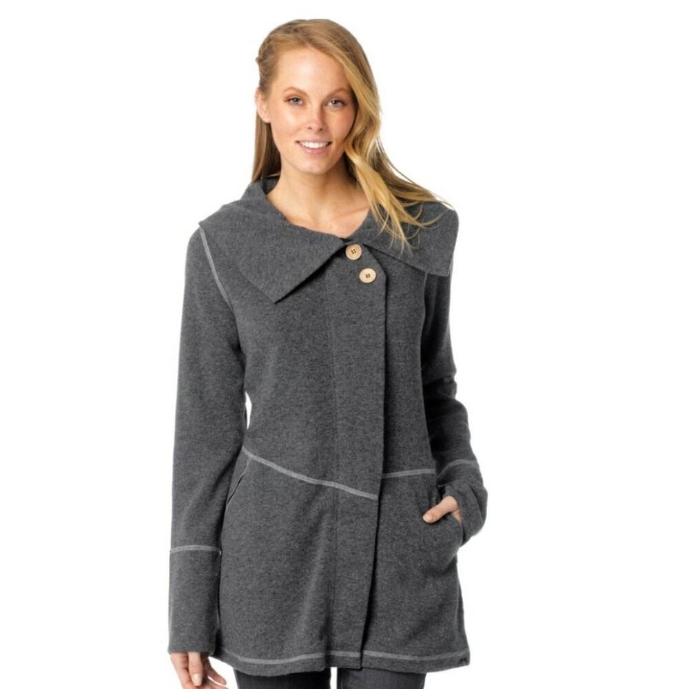 Prana‎ Sephra Full Zip Recycled Wool Blend Shawl Sweater Jacket Gray Medium Gorp